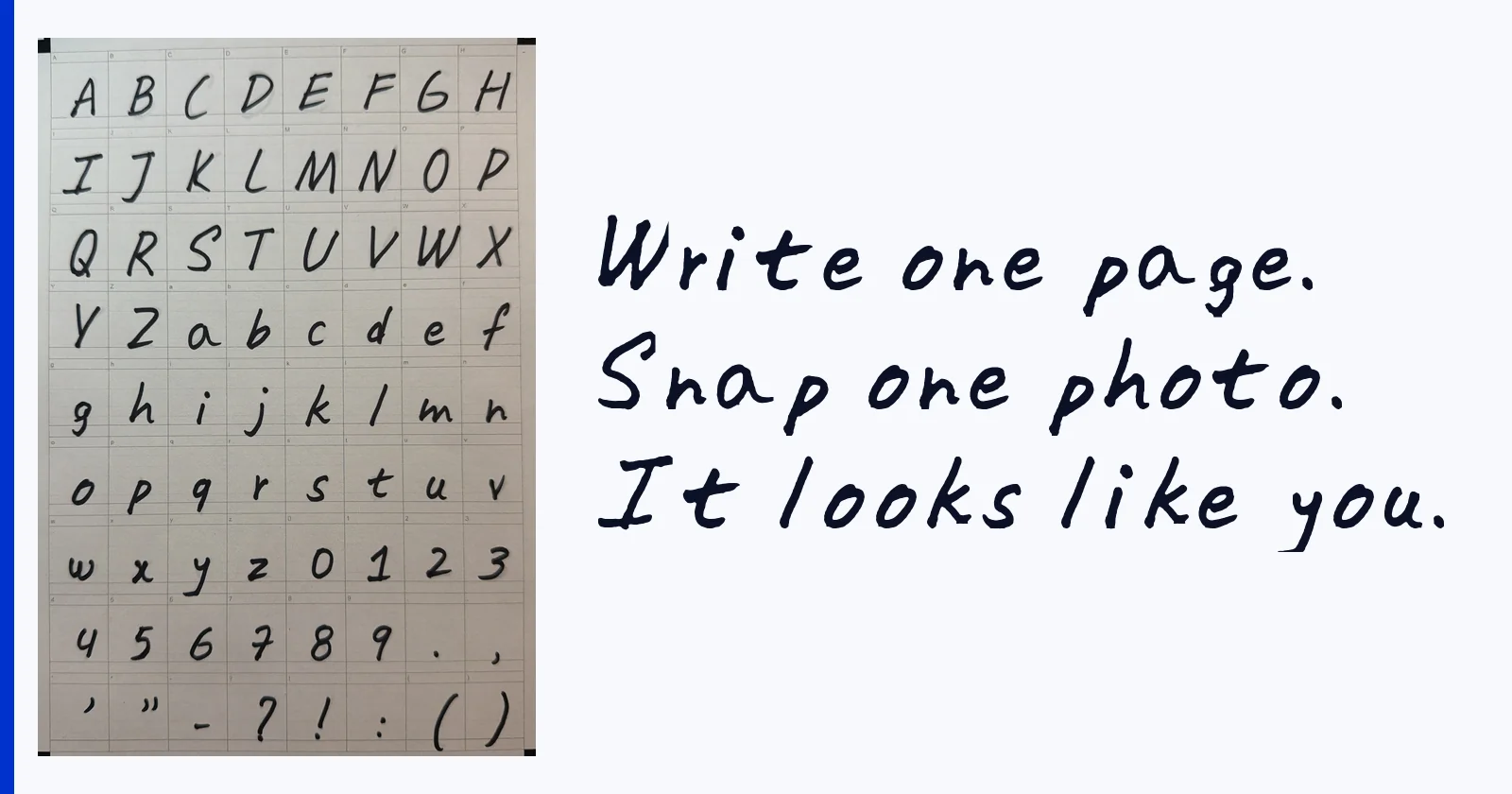 Left: a handwritten SnapFont template sheet. Right: the words Write one page, Snap one photo, It looks like you, typed in the font made from that sheet