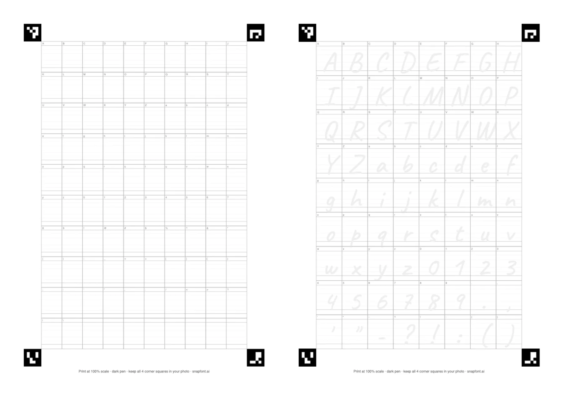 The old 92 box SnapFont template next to the new 72 box one with faint letters to trace over